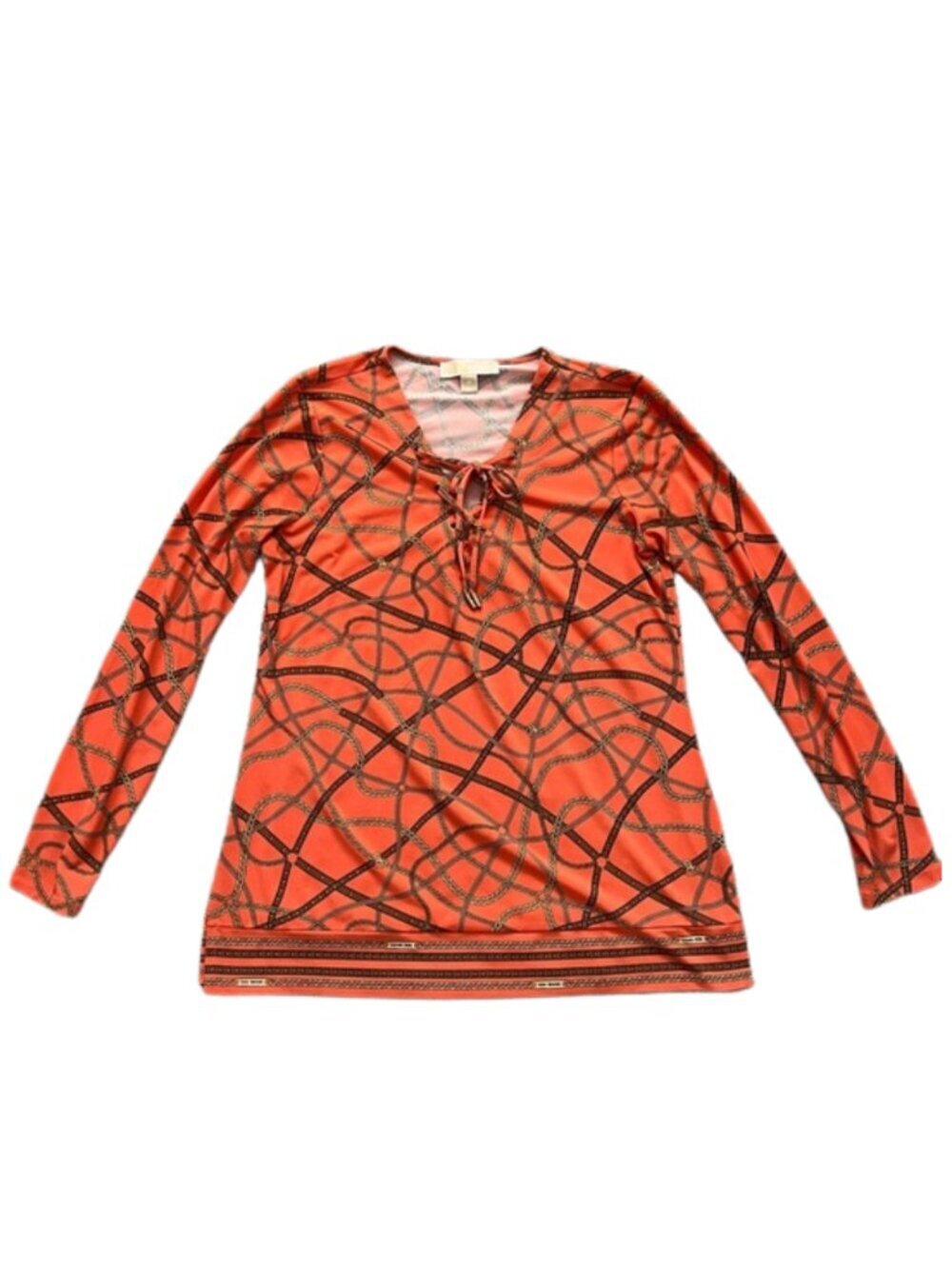 Michael Kors Women’s Long-Sleeve Orange Lace-up Tie Ribbon Chain Printed -Size M